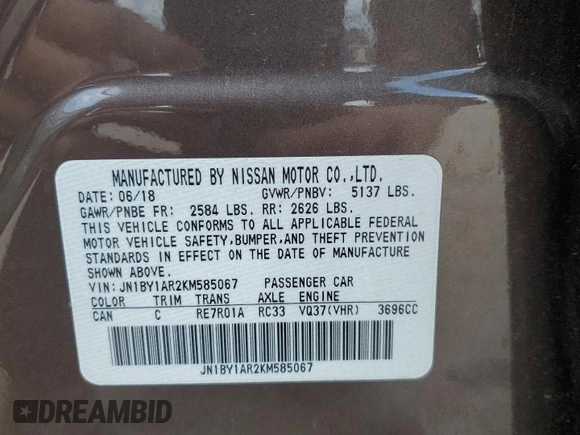 2019 Infiniti Q70 Luxe with VIN JN1BY1AR2KM585067, listed as a Copart auction lot 57527895 with 62,965 mi miles and Salvage title. Bid and sale history available at DreamBid. Image 12.