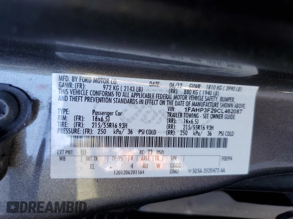 2012 Ford Focus SE with VIN 1FAHP3F29CL462087, listed as a Copart auction lot 50381875 with 95,306 mi miles and Salvage Title. Bid and sale history available at carsss.com. Image 12.