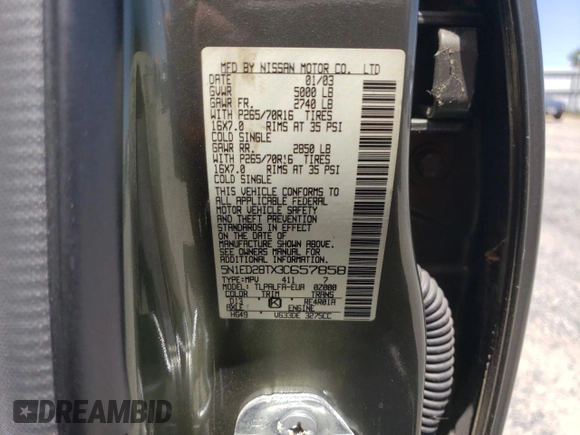 2003 Nissan Xterra XE with VIN 5N1ED28TX3C657858, listed as a Copart auction lot 58628285 with 112,830 mi miles and Clean title. Bid and sale history available at DreamBid. Image 13.