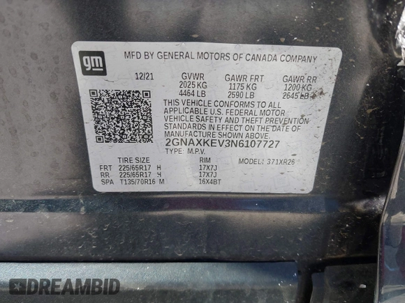 2022 Chevrolet Equinox LT with VIN 2GNAXKEV3N6107727, listed as a IAAI auction lot 42051118 with 81,697 mi miles and . Bid and sale history available at DreamBid. Image 9.