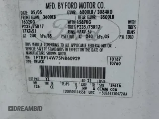 2005 Ford F-150 XL with VIN 1FTRF14W75NB60929, listed as a Copart auction lot 50913565 with 182,845 mi miles and Salvage Title. Bid and sale history available at carsss.com. Image 12.