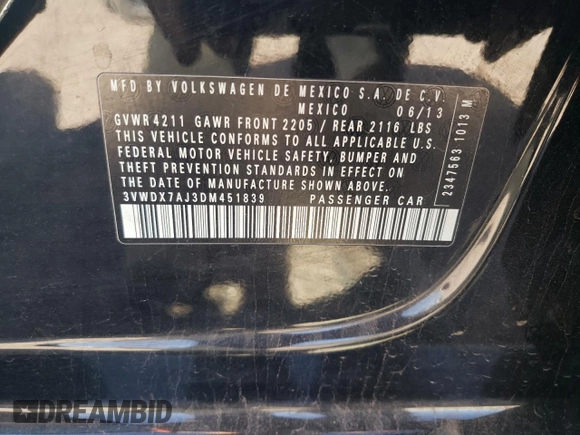 2013 Volkswagen Jetta SE with VIN 3VWDX7AJ3DM451839, listed as a Copart auction lot 49846465 with 120,376 mi miles and Salvage title. Bid and sale history available at DreamBid. Image 12.