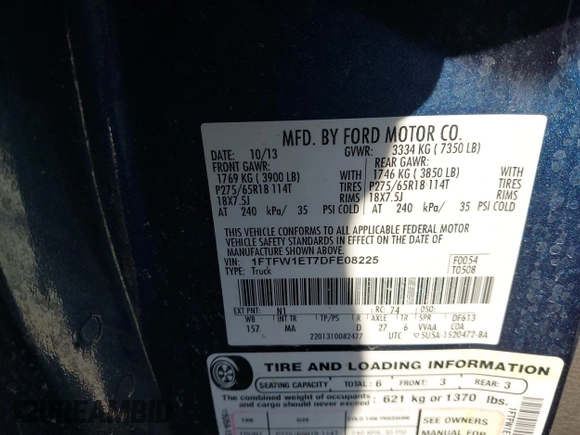 2013 Ford F-150 XL with VIN 1FTFW1ET7DFE08225, listed as a IAAI auction lot 41456280 with 161,922 mi miles. Bid and sale history available at carsss.com. Image 9.