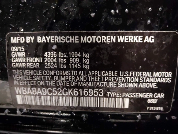 2016 BMW 3 Series 320i with VIN WBA8A9C52GK616953, listed as a IAAI auction lot 41227029 with 73,741 mi miles. Bid and sale history available at carsss.com. Image 9.