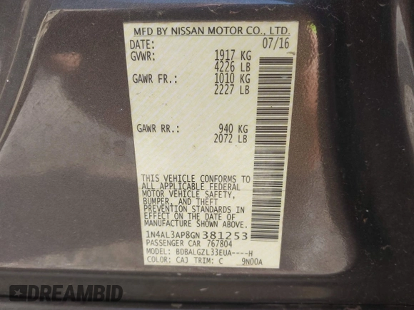 2016 Nissan Altima S with VIN 1N4AL3AP8GN381253, listed as a IAAI auction lot 42105545 with 217,627 mi miles and . Bid and sale history available at DreamBid. Image 9.