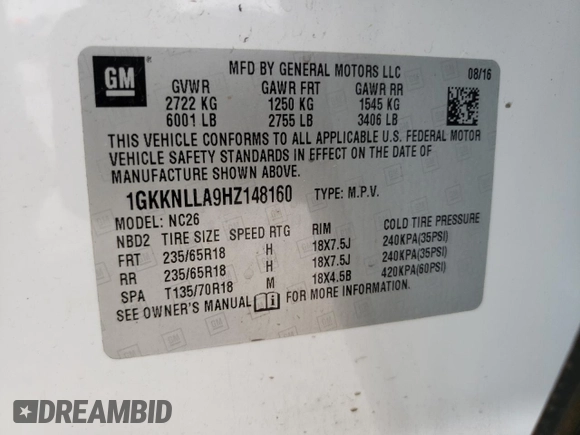 2017 GMC Acadia SLE with VIN 1GKKNLLA9HZ148160, listed as a Copart auction lot 51275713 with 86,216 mi miles and Salvage Title. Bid and sale history available at carsss.com. Image 14.