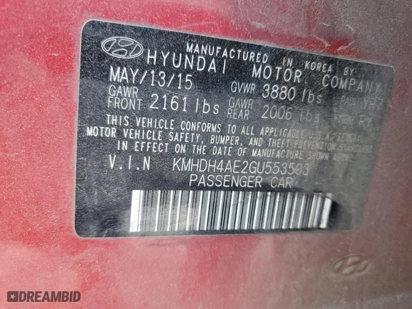 2016 Hyundai Elantra SE with VIN KMHDH4AE2GU553503, listed as a Copart auction lot 53285645 with 190,257 mi miles and Clean Title. Bid and sale history available at carsss.com. Image 13.