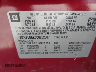 2012 Chevrolet Equinox LT w/1LT with VIN 2GNFLEEK5C6262687, listed as a IAAI auction lot 42153387 with 216,604 mi miles. Bid and sale history available at carsss.com. Image 9.