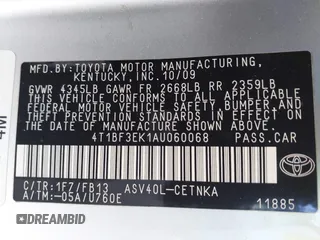 2010 Toyota Camry with VIN 4T1BF3EK1AU060068, listed as a IAAI auction lot 41769623 with 189,099 mi miles and . Bid and sale history available at DreamBid. Image 9.
