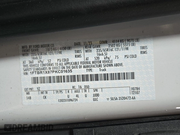 2023 Ford Transit Cargo with VIN 1FTBR1X87PKC01635, listed as a IAAI auction lot 42832727 with 17,348 mi miles and . Bid and sale history available at DreamBid. Image 42.