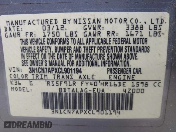 2012 Nissan Versa S with VIN 3N1CN7APXCL901194, listed as a IAAI auction lot 41552348 with 155,002 mi miles. Bid and sale history available at carsss.com. Image 9.