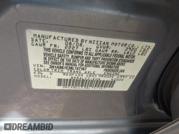 2008 Nissan Sentra 2.0 z VIN 3N1AB61E38L747167, wystawiony jako IAAI lot #41936830 z przebiegiem 274 021 mil mil oraz . Historia ofert i sprzedaży dostępna na DreamBid. Obrazek 9.