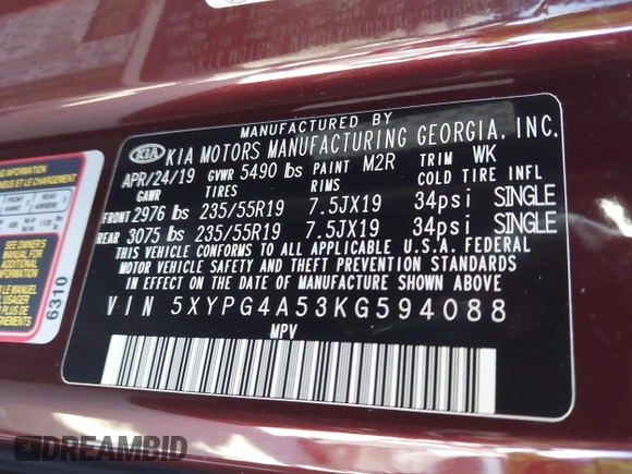 2019 Kia Sorento LX V6 with VIN 5XYPG4A53KG594088, listed as a IAAI auction lot 41249727 with 32,631 mi miles. Bid and sale history available at carsss.com. Image 9.
