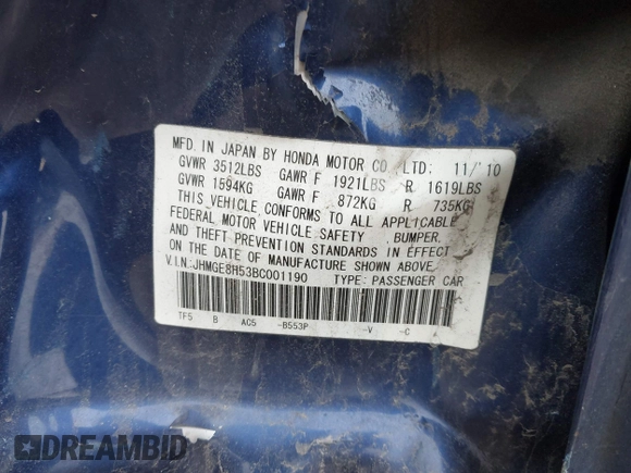 2011 Honda Fit Sport with VIN JHMGE8H53BC001190, listed as a IAAI auction lot 41871571 with 144,789 mi miles and . Bid and sale history available at DreamBid. Image 9.