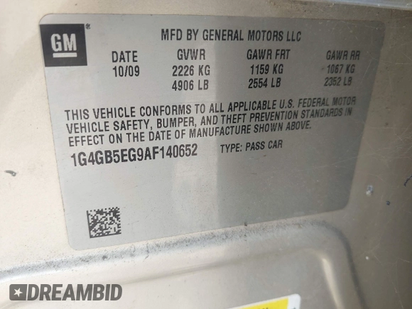 2010 Buick LaCrosse CX with VIN 1G4GB5EG9AF140652, listed as a IAAI auction lot 42182779 with Not Provided miles and . Bid and sale history available at DreamBid. Image 9.