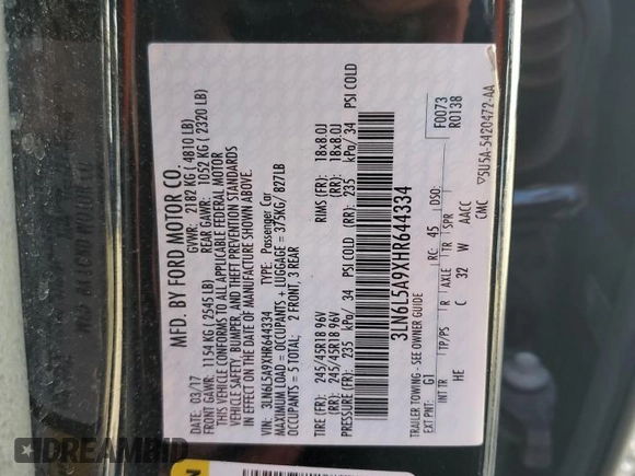 2017 Lincoln MKZ Premiere with VIN 3LN6L5A9XHR644334, listed as a Copart auction lot 46912535 with 150,526 mi miles and Salvage Title. Bid and sale history available at DreamBid. Image 12.