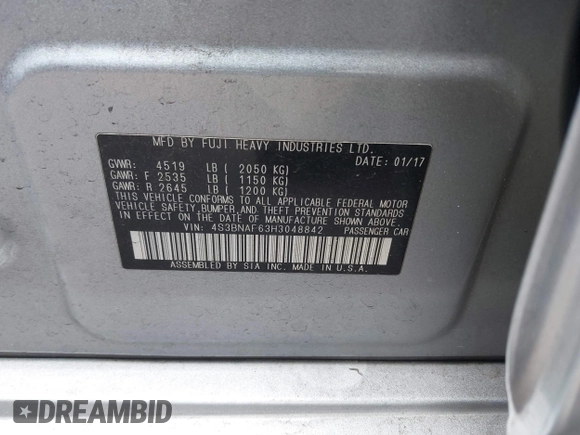 2017 Subaru Legacy Premium with VIN 4S3BNAF63H3048842, listed as a IAAI auction lot 41841895 with 142,523 mi miles. Bid and sale history available at carsss.com. Image 9.