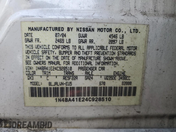 2004 Nissan Maxima SE with VIN 1N4BA41E24C928510, listed as a Copart auction lot 50180405 with 265,506 mi miles and Non Repairable. Bid and sale history available at DreamBid. Image 12.