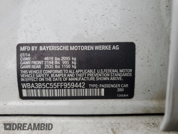 2015 BMW 3 Series 328i xDrive with VIN WBA3B5C55FF959442, listed as a Copart auction lot 57566895 with 97,628 mi miles and Clean title. Bid and sale history available at DreamBid. Image 12.