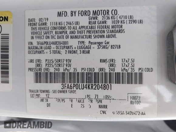 2019 Ford Fusion SE with VIN 3FA6P0LU4KR204801, listed as a IAAI auction lot 41977106 with 101,675 mi miles. Bid and sale history available at carsss.com. Image 9.
