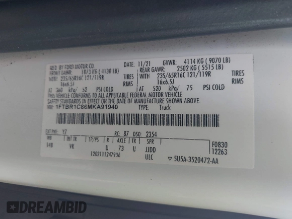 2021 Ford Transit Cargo with VIN 1FTBR1C86MKA91940, listed as a IAAI auction lot 41469716 with 40,745 mi miles and . Bid and sale history available at DreamBid. Image 9.