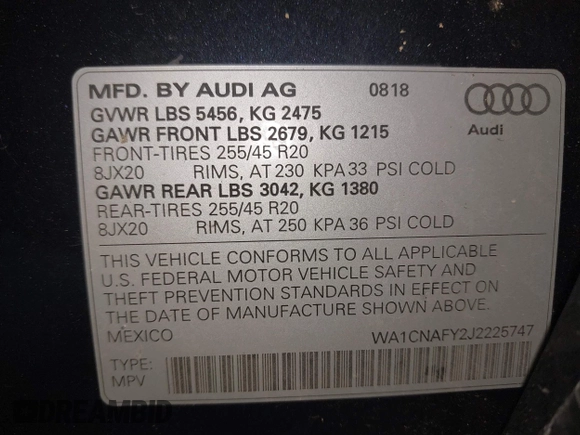 2018 Audi Q5 Prestige z VIN WA1CNAFY2J2225747, wystawiony jako IAAI lot #42078647 z przebiegiem 48 528 mil mil oraz . Historia ofert i sprzedaży dostępna na DreamBid. Obrazek 9.