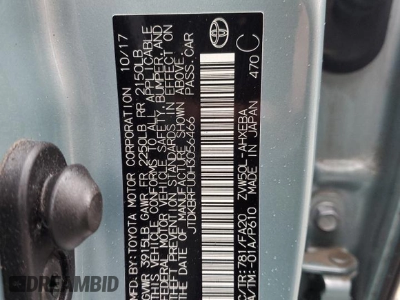 2017 Toyota Prius Two z VIN JTDKBRFU0H3056466, wystawiony jako Copart lot #56998045 z przebiegiem 67 056 mil mil oraz Szkoda całkowita • Salvage title. Historia ofert i sprzedaży dostępna na DreamBid. Obrazek 14.