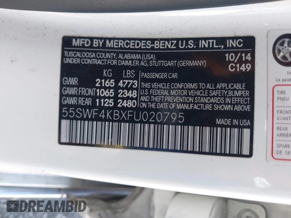 2015 Mercedes-Benz C 300 Luxury with VIN 55SWF4KBXFU020795, listed as a IAAI auction lot 41842174 with 113,630 mi miles and . Bid and sale history available at carsss.com. Image 9.