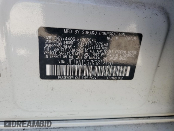 2019 Subaru WRX Premium with VIN JF1VA1C67K9812120, listed as a Copart auction lot 50355755 with 61,203 mi miles and Salvage Title. Bid and sale history available at carsss.com. Image 13.