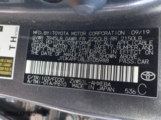 2020 Toyota Prius L Eco with VIN JTDKARFU8L3105988, listed as a IAAI auction lot 41688339 with 66,660 mi miles. Bid and sale history available at carsss.com. Image 9.