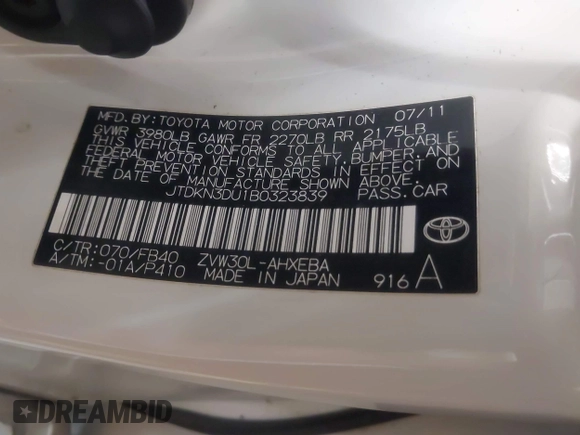 2011 Toyota Prius I with VIN JTDKN3DU1B0323839, listed as a IAAI auction lot 42099239 with 94,935 mi miles and . Bid and sale history available at DreamBid. Image 9.