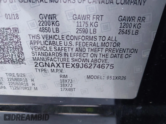 2018 Chevrolet Equinox LT with VIN 2GNAXTEX9J6274675, listed as a IAAI auction lot 41682122 with 97,600 mi miles. Bid and sale history available at carsss.com. Image 9.