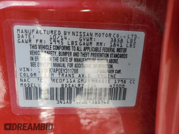 2014 Nissan Sentra SR with VIN 3N1AB7AP0EY311768, listed as a Copart auction lot 46536115 with 83,057 mi miles and Salvage Title. Bid and sale history available at DreamBid. Image 12.