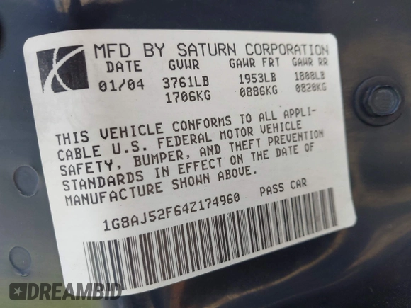 2004 Saturn ION ION 2 with VIN 1G8AJ52F64Z174960, listed as a IAAI auction lot 41935502 with 18,665 mi miles. Bid and sale history available at carsss.com. Image 9.