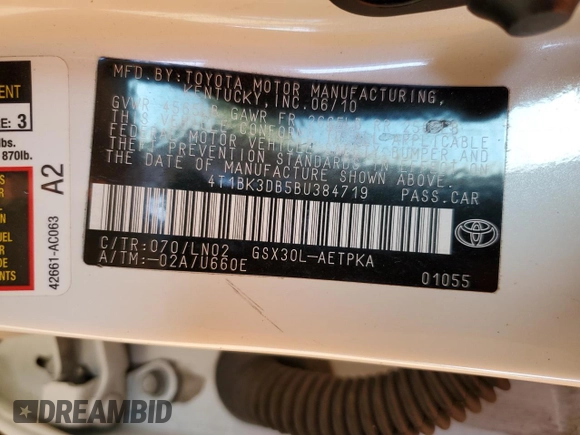 2011 Toyota Avalon with VIN 4T1BK3DB5BU384719, listed as a Copart auction lot 45351585 with 192,872 mi miles and Salvage Title. Bid and sale history available at carsss.com. Image 10.