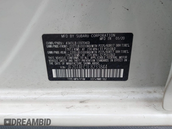 2020 Subaru Crosstrek Premium with VIN JF2GTAEC1L8233844, listed as a IAAI auction lot 41815400 with 36,101 mi miles and . Bid and sale history available at DreamBid. Image 9.