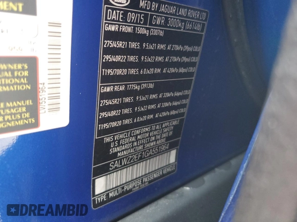 2016 Land Rover Range Rover Sport SVR with VIN SALWZ2EF1GA551964, listed as a Copart auction lot 81150084 with 39,695 mi miles and Salvage title. Bid and sale history available at DreamBid. Image 13.