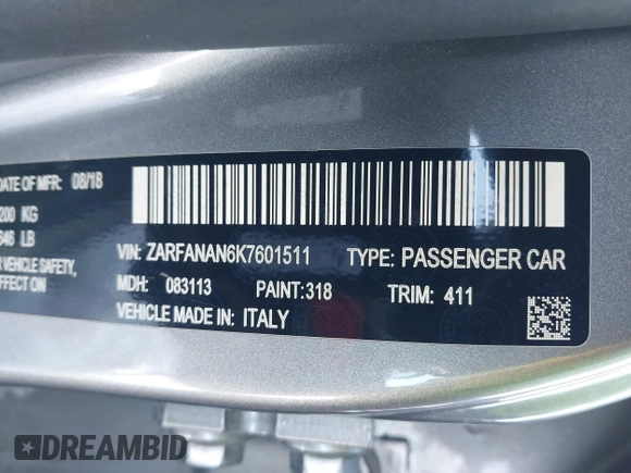2019 Alfa Romeo Giulia with VIN ZARFANAN6K7601511, listed as a IAAI auction lot 41440169 with 53,104 mi miles. Bid and sale history available at carsss.com. Image 9.