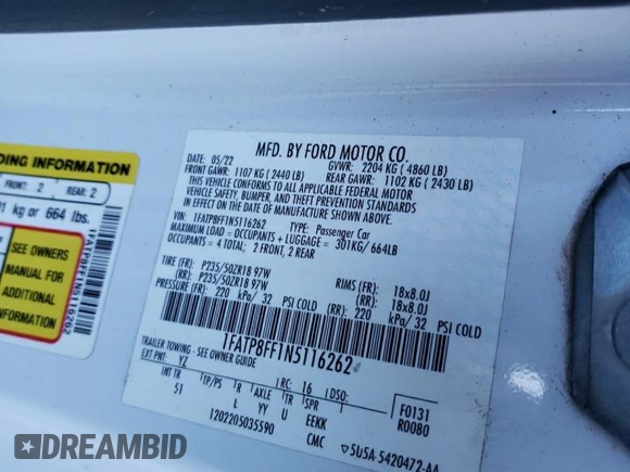 2022 Ford Mustang GT Premium with VIN 1FATP8FF1N5116262, listed as a Copart auction lot 43516955 with 48,341 mi miles and Salvage title. Bid and sale history available at DreamBid. Image 13.