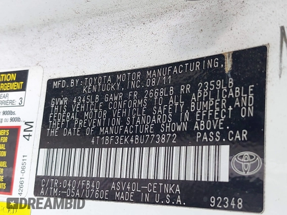 2011 Toyota Camry LE with VIN 4T1BF3EK4BU773872, listed as a IAAI auction lot 42269844 with 278,291 mi miles and . Bid and sale history available at DreamBid. Image 9.