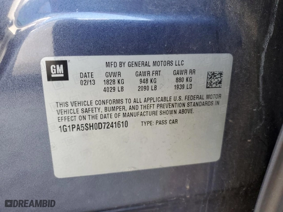 2013 Chevrolet Cruze LS with VIN 1G1PA5SH0D7241610, listed as a Copart auction lot 45356195 with 134,342 mi miles and Clean Title. Bid and sale history available at carsss.com. Image 12.