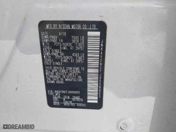 2018 Nissan Armada SL with VIN JN8AY2NC7J9556853, listed as a IAAI auction lot 41725845 with 102,476 mi miles. Bid and sale history available at carsss.com. Image 9.