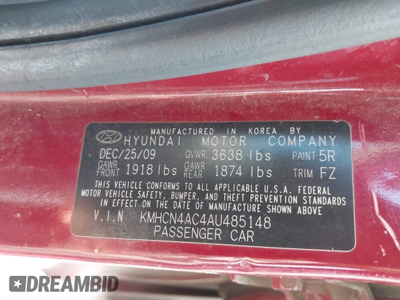 2010 Hyundai Accent GLS with VIN KMHCN4AC4AU485148, listed as a IAAI auction lot 41528392 with 133,680 mi miles. Bid and sale history available at carsss.com. Image 9.