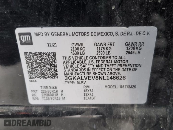 2022 GMC Terrain SLT with VIN 3GKALVEV8NL146626, listed as a Copart auction lot 45571715 with 69,694 mi miles and Salvage Title. Bid and sale history available at carsss.com. Image 13.