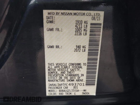2015 Nissan Altima SV with VIN 1N4AL3AP7FC493701, listed as a IAAI auction lot 41905007 with 65,434 mi miles and . Bid and sale history available at DreamBid. Image 9.