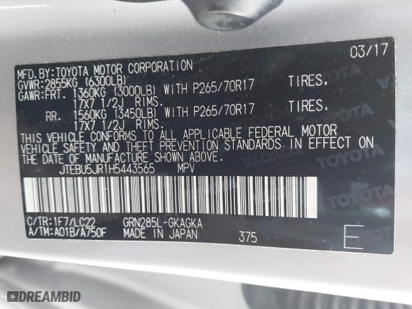 2017 Toyota 4Runner SR5 with VIN JTEBU5JR1H5443565, listed as a IAAI auction lot 41503001 with 57,183 mi miles. Bid and sale history available at carsss.com. Image 9.