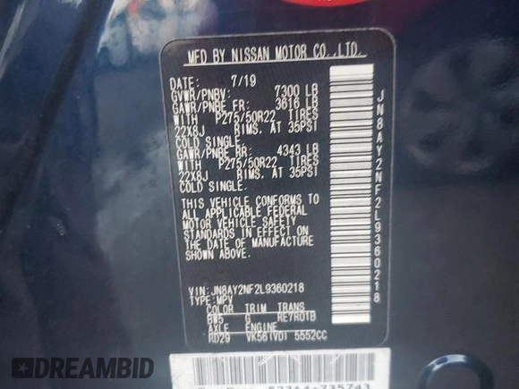 2020 Nissan Armada Platinum with VIN JN8AY2NF2L9360218, listed as a Copart auction lot 73315184 with 74,826 mi miles and Non Repairable. Bid and sale history available at carsss.com. Image 14.