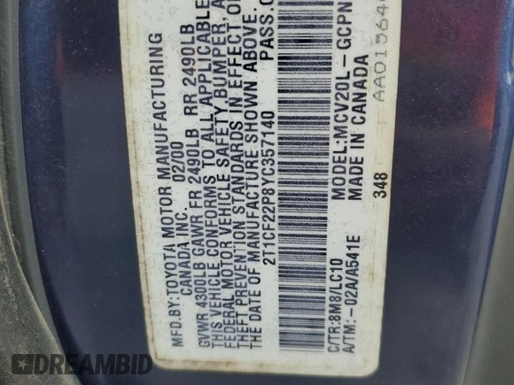 2000 Toyota Solara SE with VIN 2T1CF22P8YC357140, listed as a Copart auction lot 54100775 with 186,137 mi miles and Salvage Title. Bid and sale history available at DreamBid. Image 13.