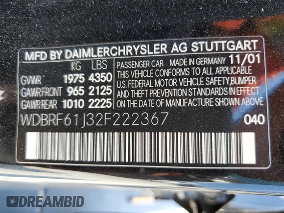 2002 Mercedes-Benz C 230/260/280/320 z VIN WDBRF61J32F222367, wystawiony jako Copart lot #59772325 z przebiegiem Nie podano mil oraz Szkoda całkowita • Salvage title. Historia ofert i sprzedaży dostępna na DreamBid. Obrazek 15.
