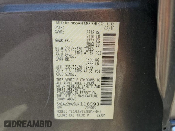 2016 Nissan Murano Platinum with VIN 5N1AZ2MG9GN116593, listed as a Copart auction lot 58756125 with 77,121 mi miles and Salvage title. Bid and sale history available at DreamBid. Image 13.